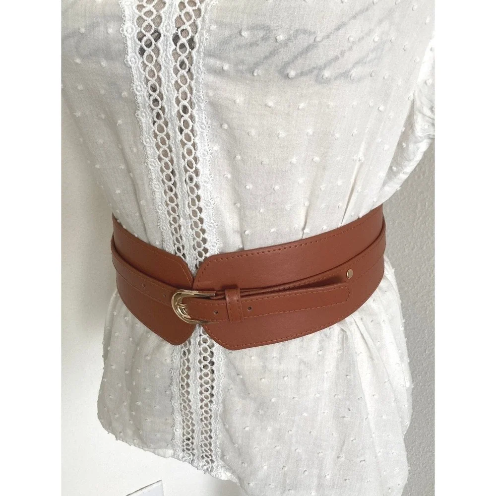 Corset Faux Leather Brown Wide Waist Belt Western Thick Stretch Gold Buckle